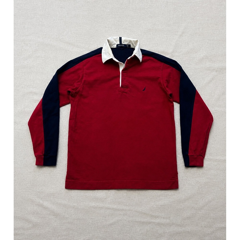 Nautica Rugby Polo Shirt Men's S Red Navy Long Sleeve Cotton Embroidered Logo